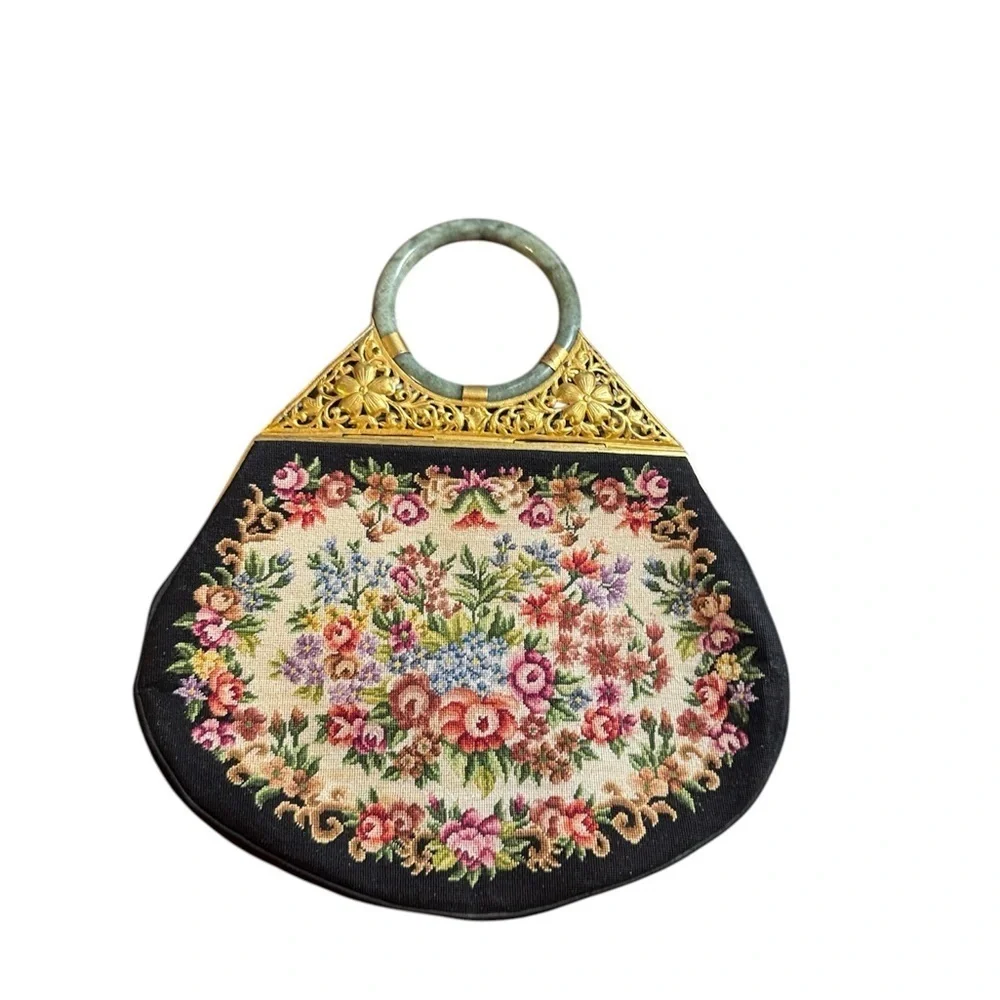 Vintage Asian petit point needlepoint evening bag Jade Wrist Bracelet Handle